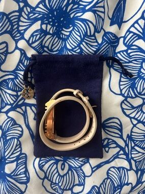 Tory Burch Gold-Tone Logo FitBit Double Wrap Bracelet in Cream Leather